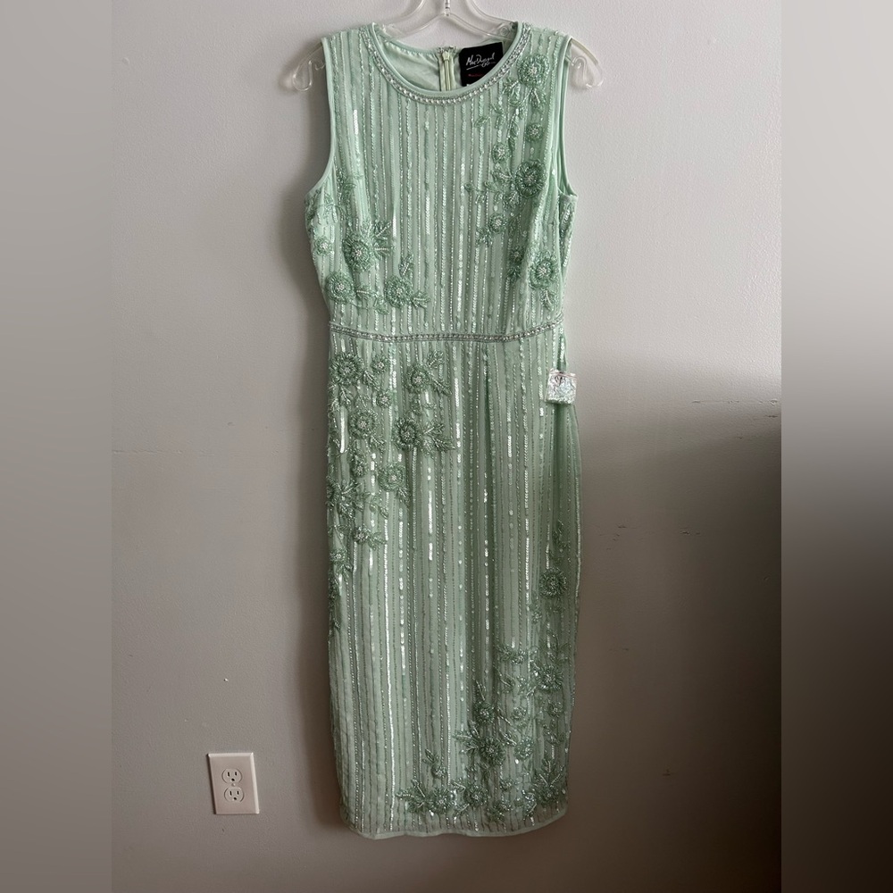 Mac Duggal Seafoam Mint Green Striped Sequins Floral Embellished Midi Dress